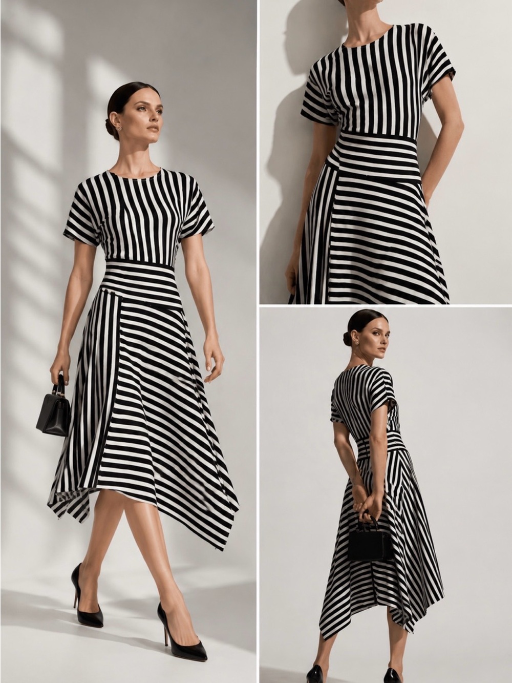 Karl Lagerfeld Paris Black White Striped Asymmetrical  Fit Flare Dress Sz 4 💛